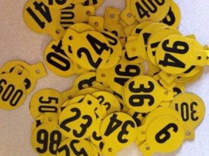 Une pile d'étiquettes de clés numérotées jaunes vintage, dont 6, 23, 24, 34, 36, 40, 42, 93 et 500, dispersées sur une surface blanche.