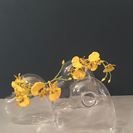 Deux vases Soliflore Verre Coeur de brocante 93, en forme de coeur et en verre transparent, contenant de petites fleurs jaunes, se détachent délicatement sur un fond sombre. Brocante 93