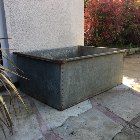 Un grand récipient rectangulaire en métal vintage Cuve Industrielle 1950 placé sur une terrasse en béton à côté d'un mur blanc et de buissons à feuilles rouges. Brocante 93