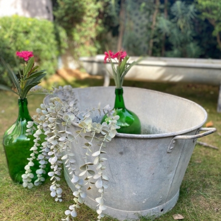 La Bassine Ovale 1960, ornée de plantes en pot et accompagnée de vases en verre vert remplis de fleurs roses et de verdure, crée un charmant décor de jardin vintage. Brocante 93