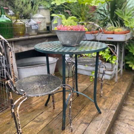 Table de Jardin dressée sur une terrasse en bois avec plantes vintage et plantes succulentes en pots. Brocante 93