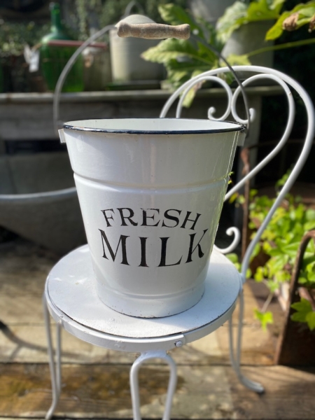 Un charmant Seau à Lait USA 1950 en métal blanc, étiqueté « Fresh Milk », trône gracieusement sur une chaise décorative en métal blanc dans un décor de jardin serein, rappelant une campagne américaine des années 1950. Une touche d'élégance rustique, ce seau à lait ajoute un charme nostalgique à la scène pittoresque. Brocante 93