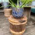 Un pot en céramique bleu avec une plante d'aloès placé sur une terrasse en bois rustique, posé au sommet d'un fût de saké japonais vintage des années 1960. Brocante 93